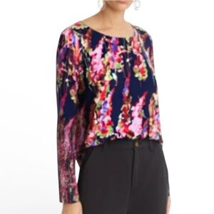 Talbots Pure Merino Wool Crew Neck Sweater in Navy Blue Floral Print Size MP